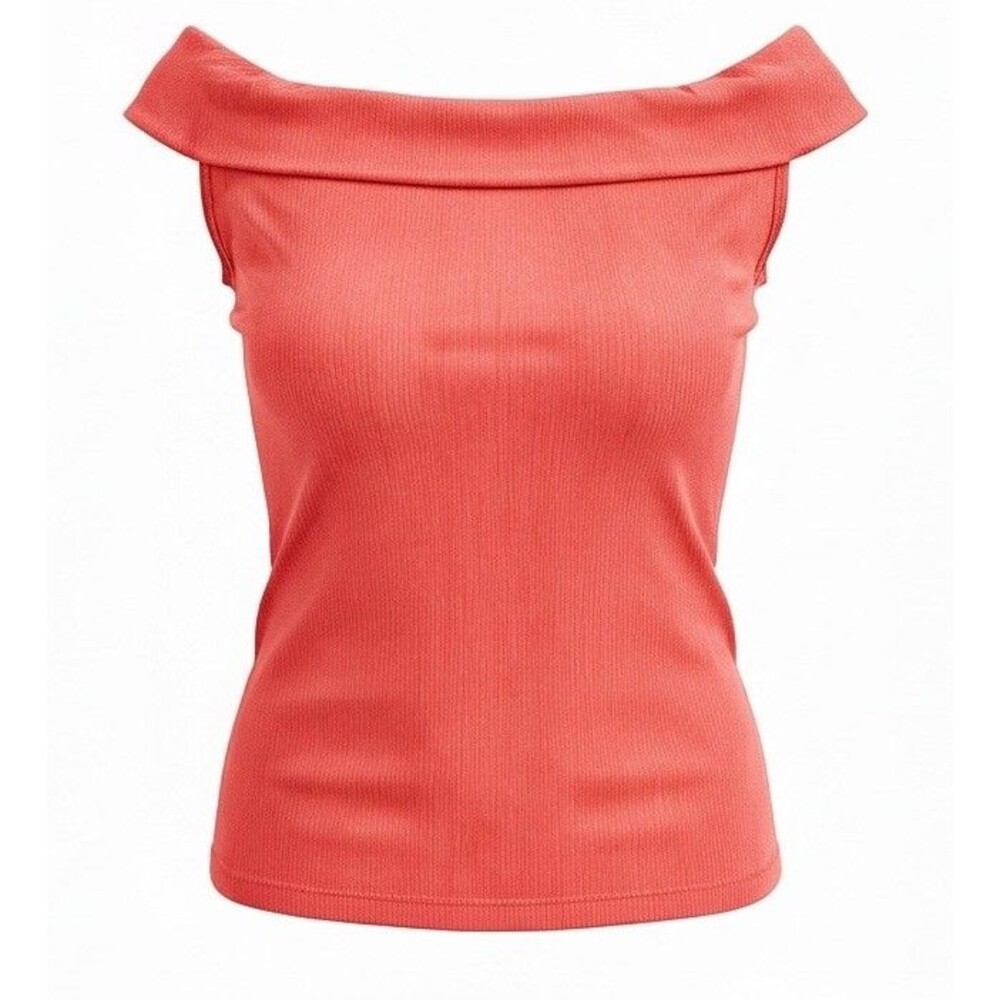 BCBG Maxazria Coral Papaya Ribbed Knit Cowl Neck Foldover Top